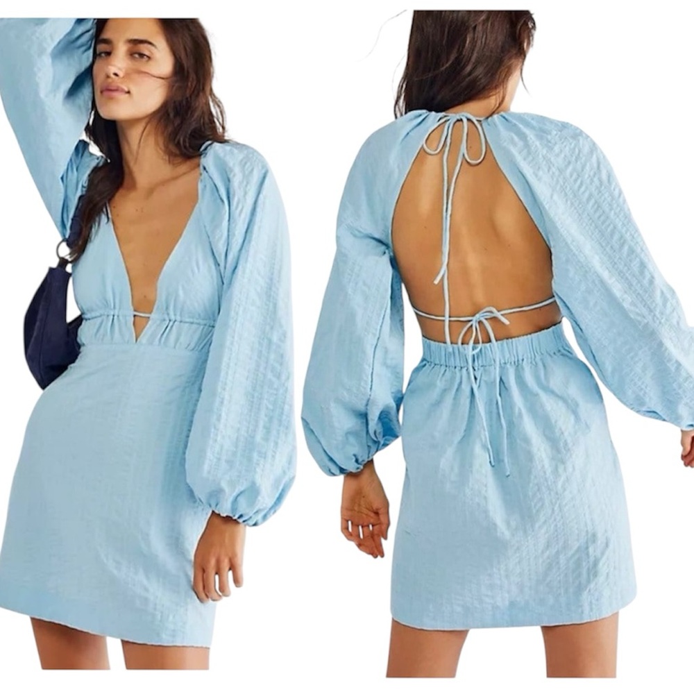 Free People  Endless Summer Fine Line Mini Dress-In Light Blue Sz Small NEW